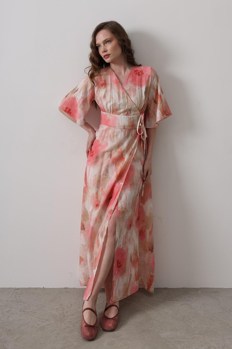 Side Tie Patterned Dress - Reyon - Globality Store - Women Clothes Wholesale Turkey