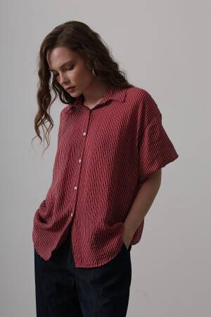 Half Balloon Sleeve Striped Shirt - Burgundy - Brand: Reyon - Women's Clothing Wholesale - Globality Store