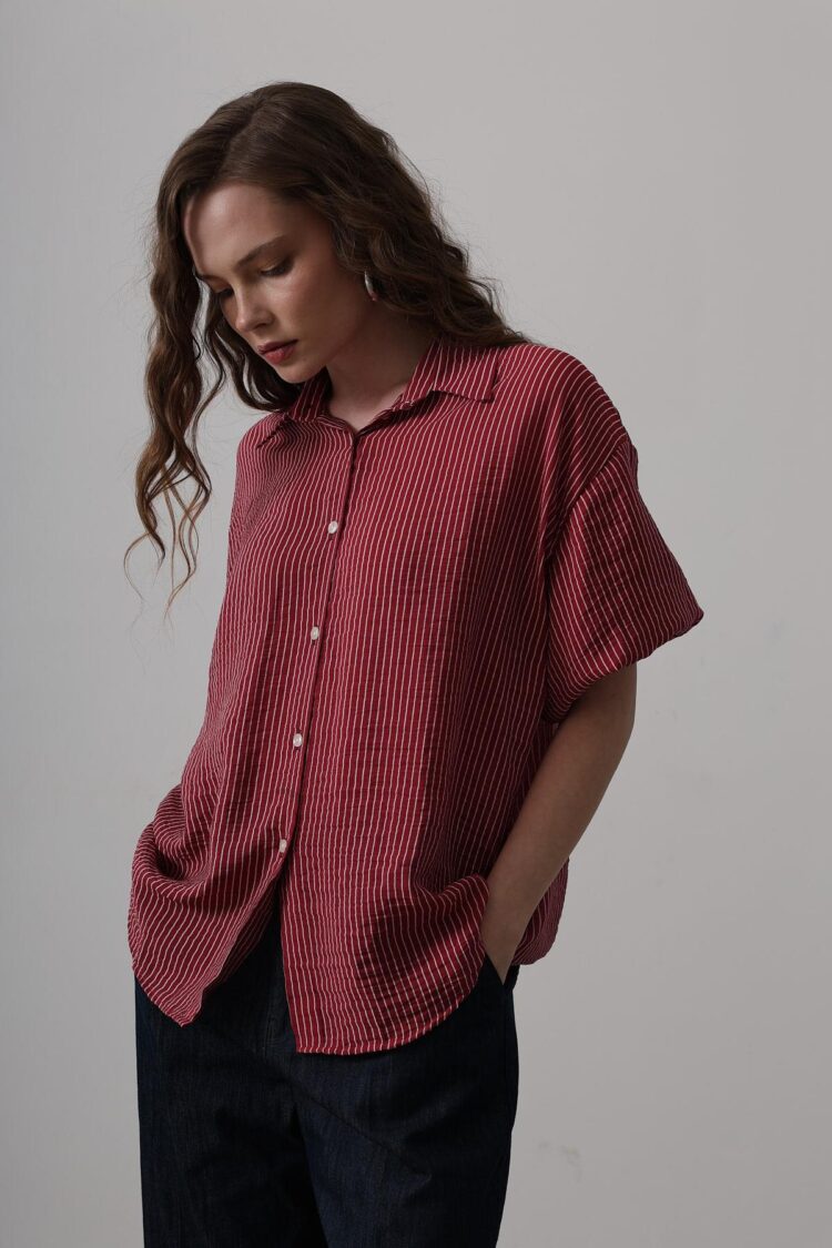 Half Balloon Sleeve Striped Shirt - Burgundy