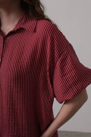 Half Balloon Sleeve Striped Shirt - Burgundy - Brand: Reyon - Women's Clothing Wholesale - Globality Store