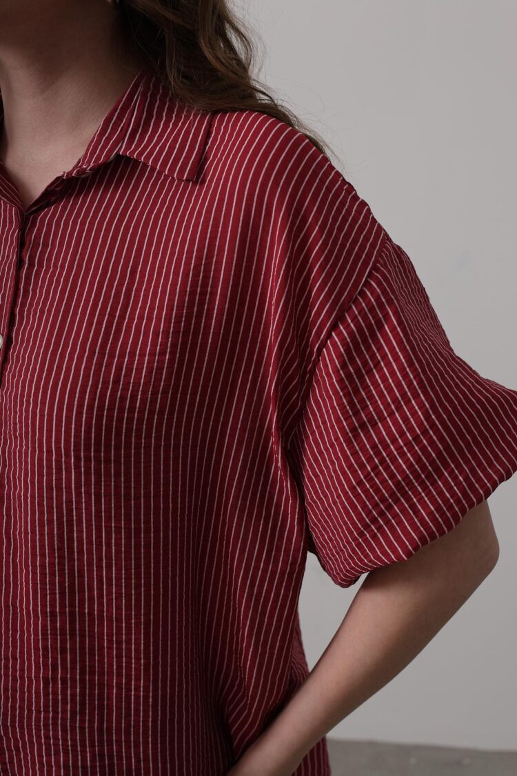 Half Balloon Sleeve Striped Shirt - Burgundy