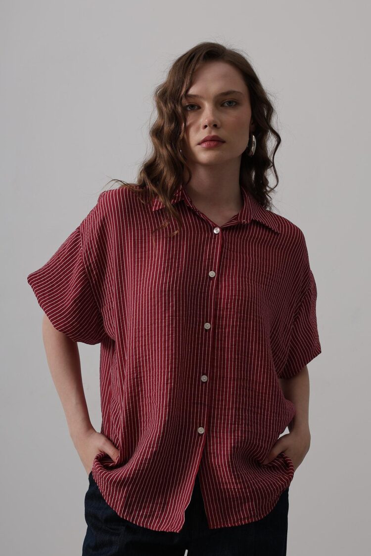 Half Balloon Sleeve Striped Shirt - Burgundy - Brand: Reyon - Women's Clothing Wholesale - Globality Store