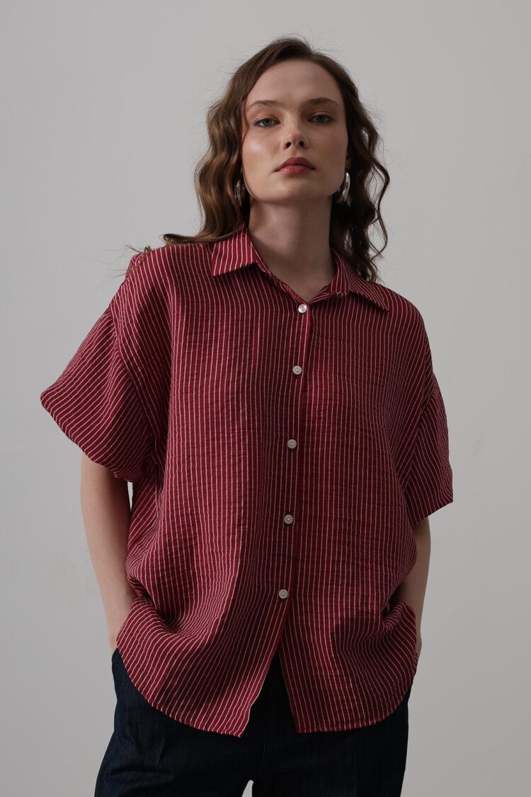 Half Balloon Sleeve Striped Shirt - Burgundy