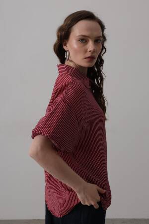 Half Balloon Sleeve Striped Shirt - Burgundy - Brand: Reyon - Women's Clothing Wholesale - Globality Store