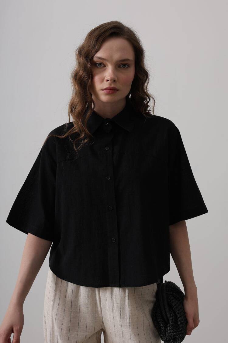 Half Balloon Sleeve Striped Shirt