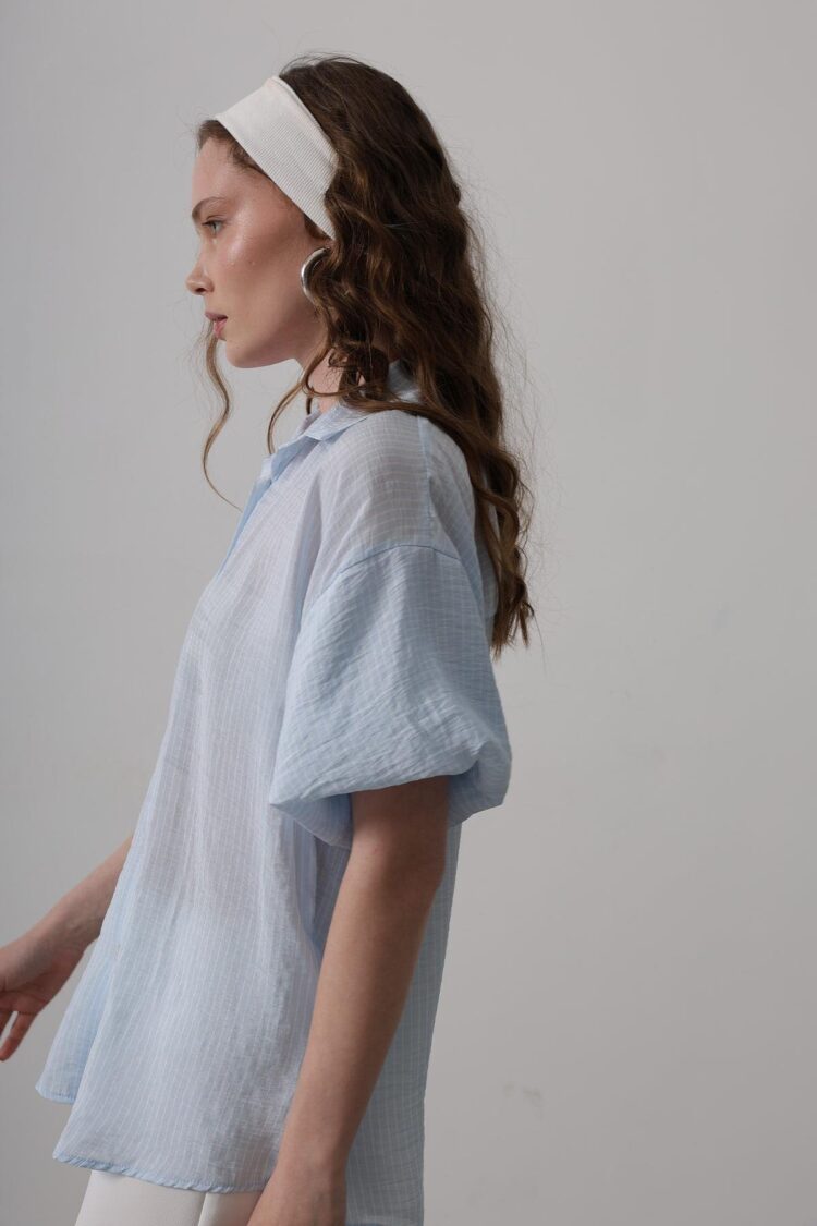 Half Balloon Sleeve Striped Shirt
