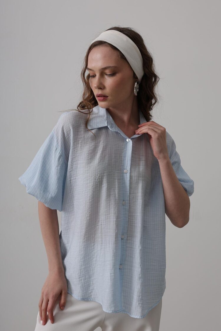 Half Balloon Sleeve Striped Shirt - Brand: Reyon - Women's Clothing Wholesale - Globality Store