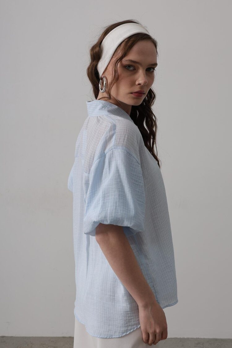Half Balloon Sleeve Striped Shirt