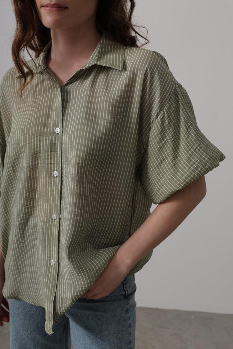 Half Balloon Sleeve Striped Shirt