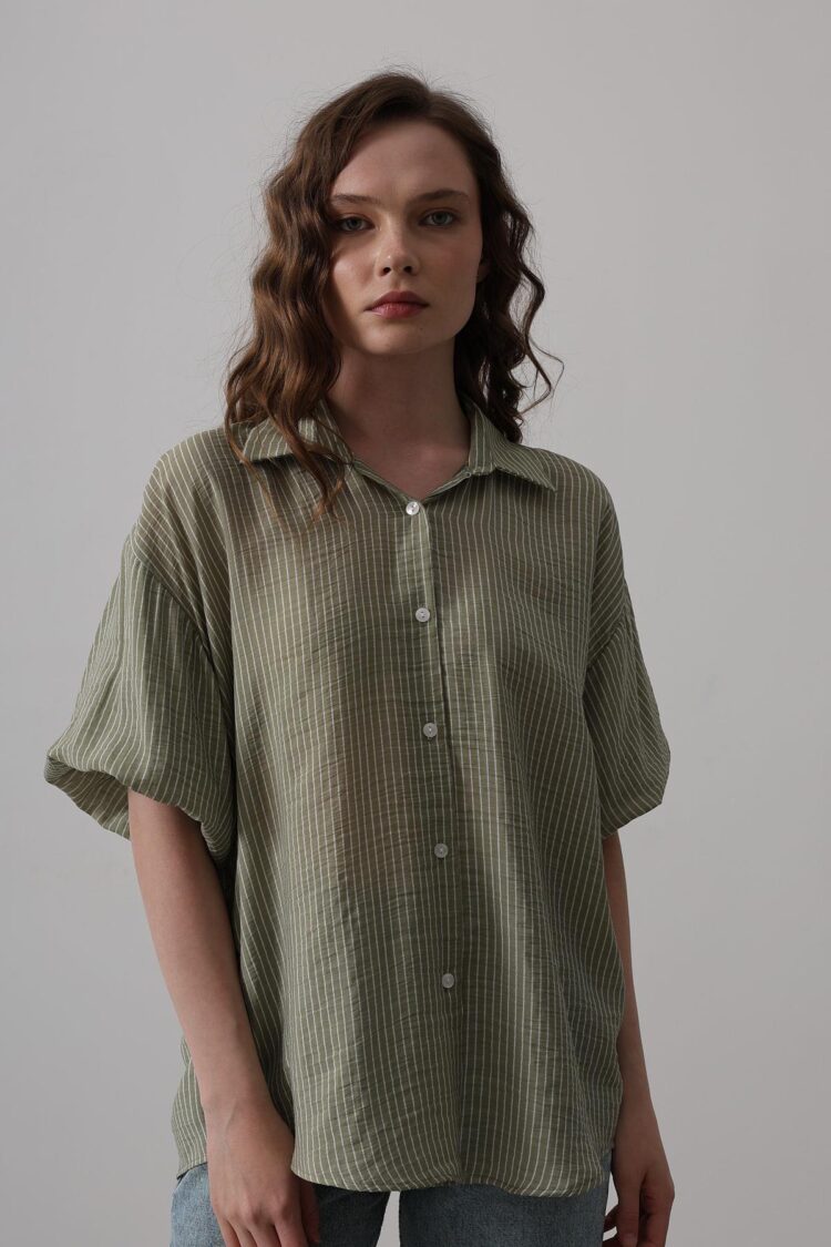 Half Balloon Sleeve Striped Shirt - Reyon - Globality Store - Women Clothes Wholesale Turkey