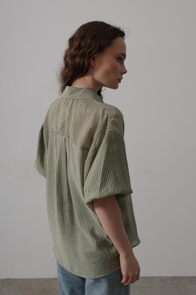 Half Balloon Sleeve Striped Shirt
