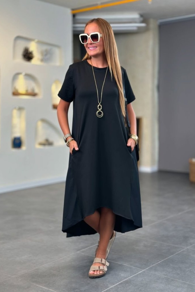 Women's Short Sleeve Crew Neck Asymmetric Cut Front Viscose Back Knitted Dress - Black