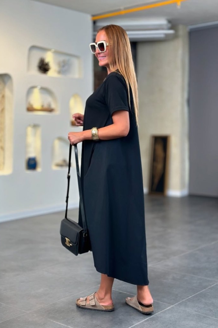 Women's Short Sleeve Crew Neck Asymmetric Cut Front Viscose Back Knitted Dress - Black
