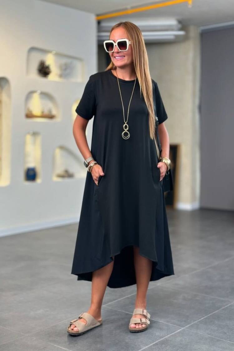 Women's Short Sleeve Crew Neck Asymmetric Cut Front Viscose Back Knitted Dress - Black