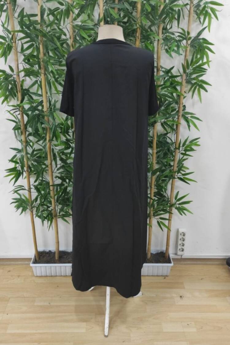 Women's Short Sleeve Crew Neck Asymmetric Cut Front Viscose Back Knitted Dress - Black