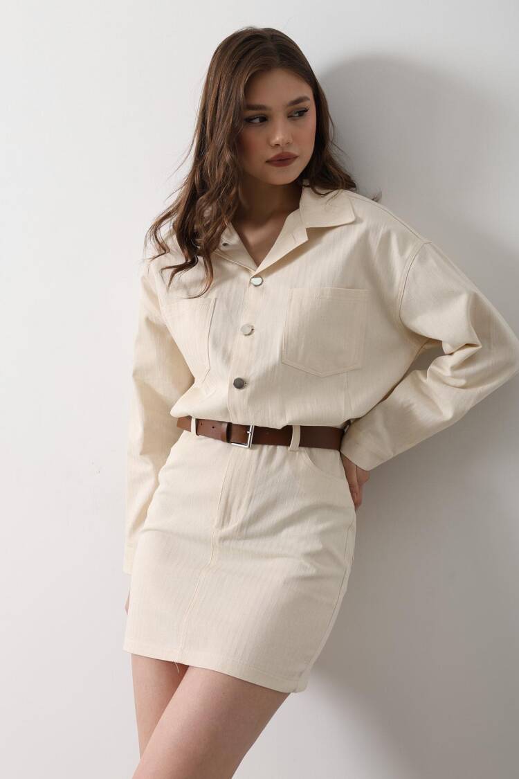 Belt Detailed Herringbone Shirt Dress - Natural