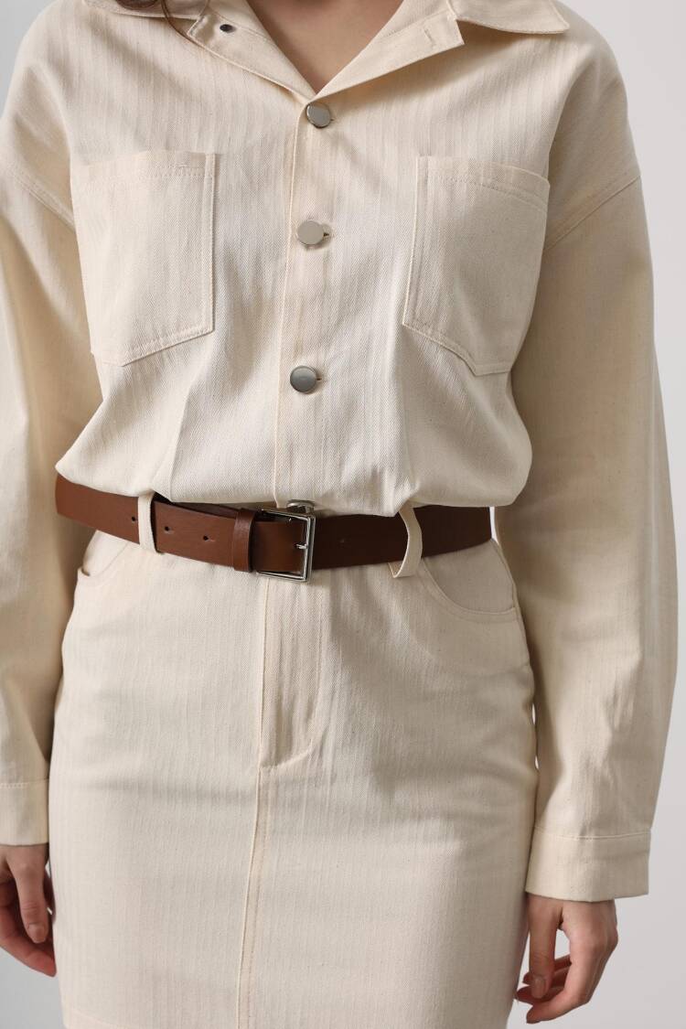 Belt Detailed Herringbone Shirt Dress - Natural