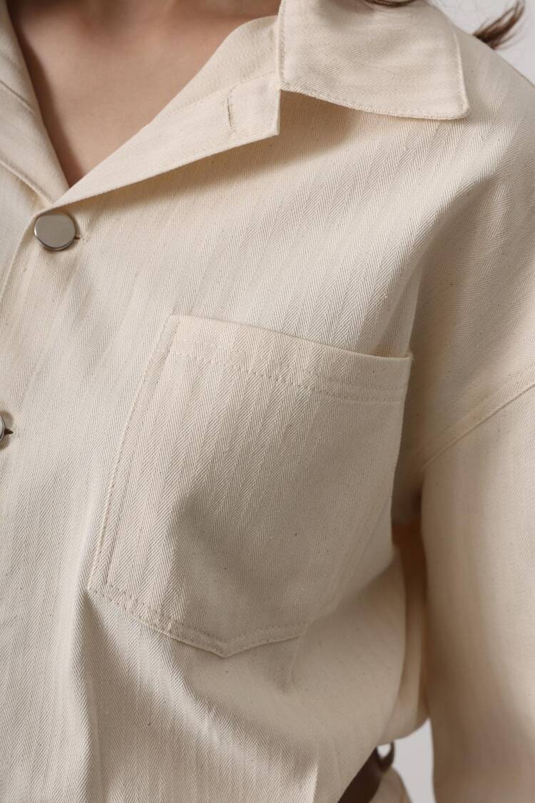 Belt Detailed Herringbone Shirt Dress - Natural