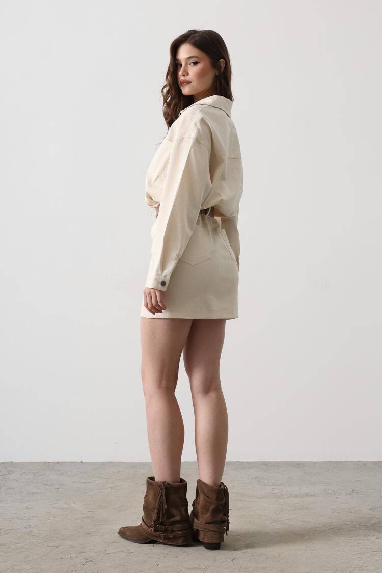 Belt Detailed Herringbone Shirt Dress - Natural