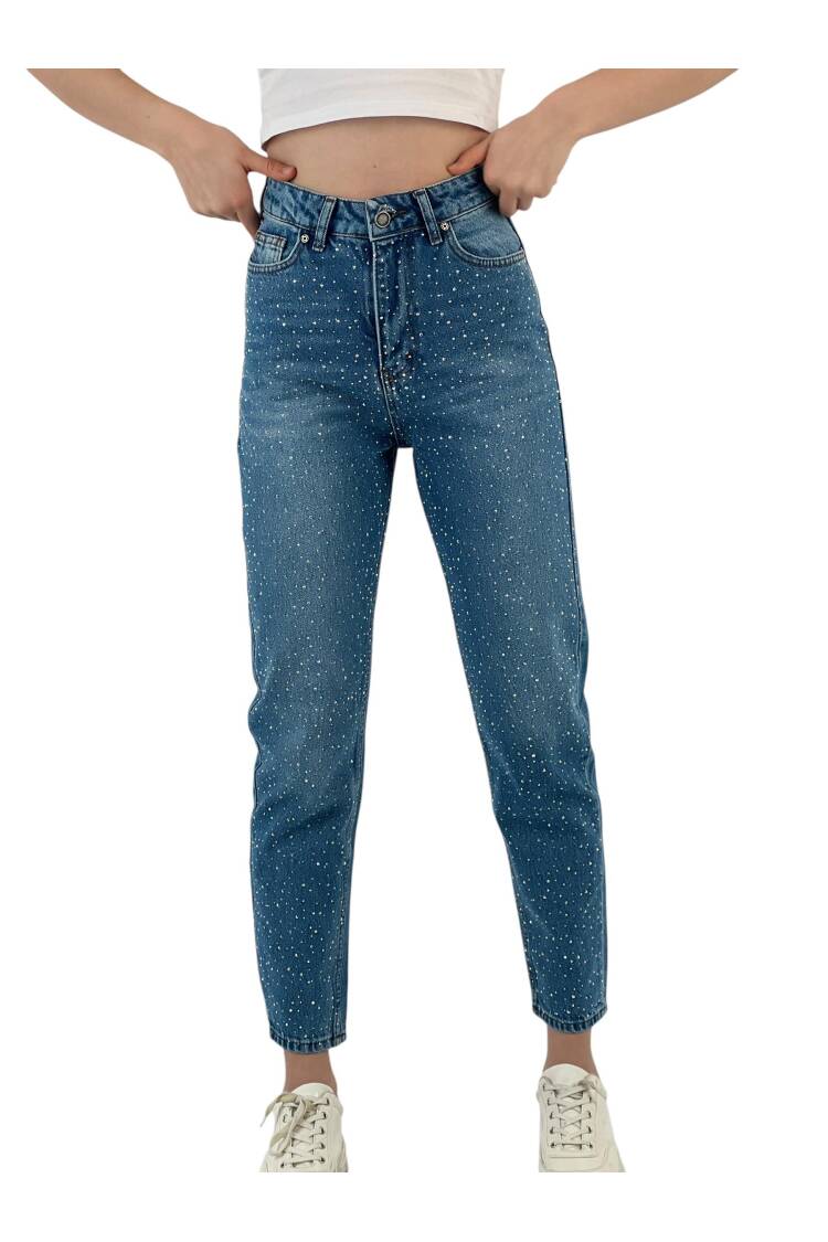 Mom Denim Medium Blue Three Size Stone Make. - Brand: MISS POEM - Women's Clothing Wholesale - Globality Store