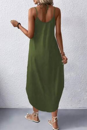 Women's Strappy V-Neck Long Viscose Dress - Green - Janes - Globality Store - Women Clothes Wholesale Turkey