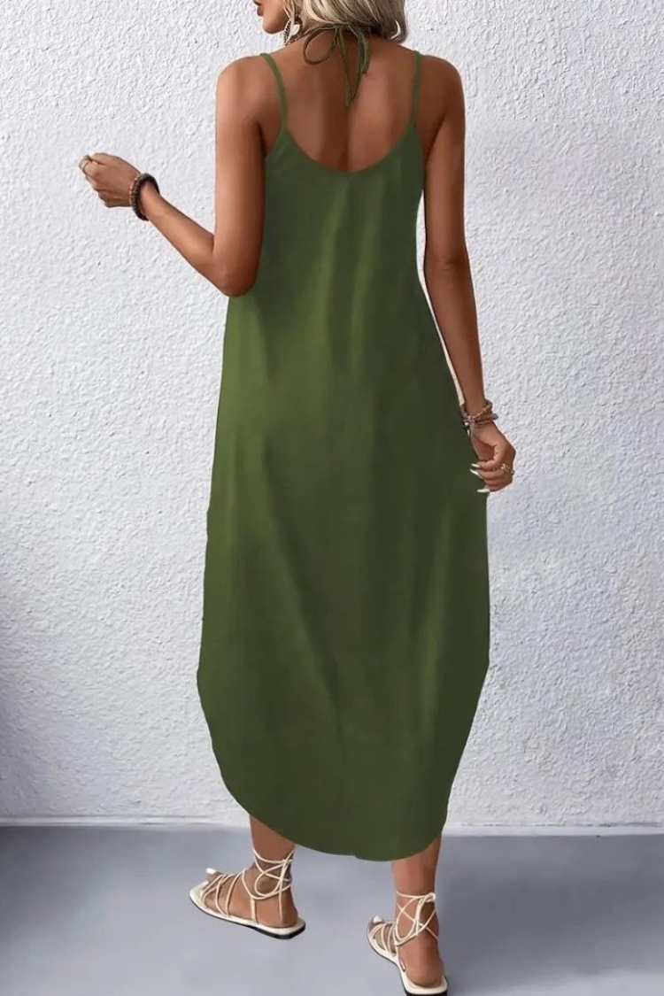 Women's Strappy V-Neck Long Viscose Dress - Green