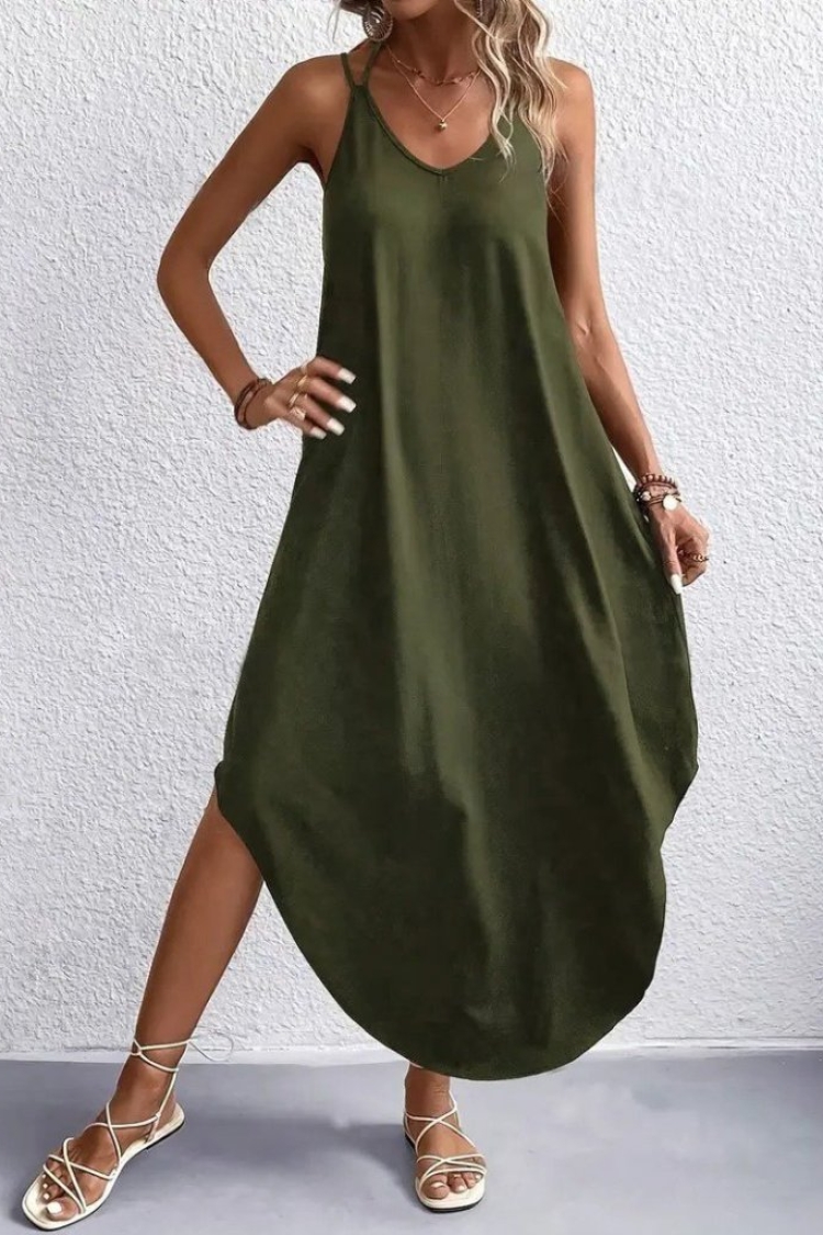 Women's Strappy V-Neck Long Viscose Dress - Green