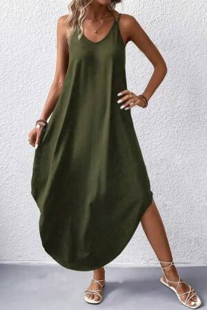 Women's Strappy V-Neck Long Viscose Dress - Green - Janes - Globality Store - Women Clothes Wholesale Turkey