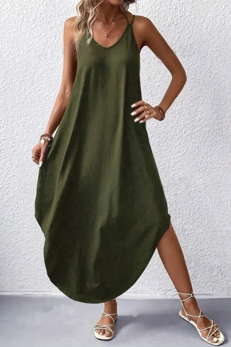Women's Strappy V-Neck Long Viscose Dress - Green