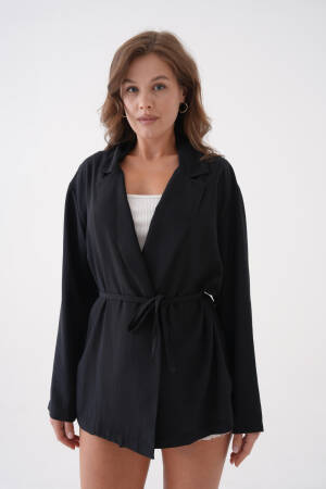 Black Lace Detailed Unlined Modal Jacket 29081 - First Angels - Globality Store - Women Clothes Wholesale Turkey