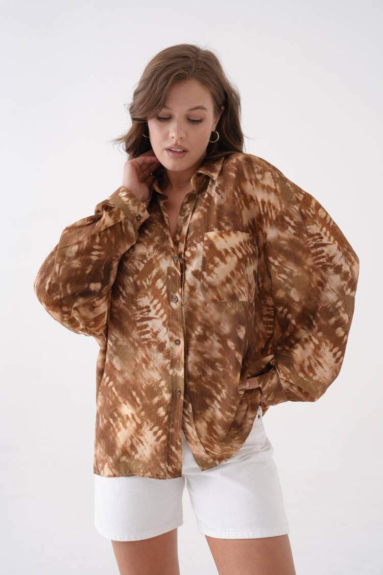 Coffee Tie Dye Pattern Modal Fabric Oversize Shirt 29188 - First Angels - Globality Store - Women Clothes Wholesale Turkey