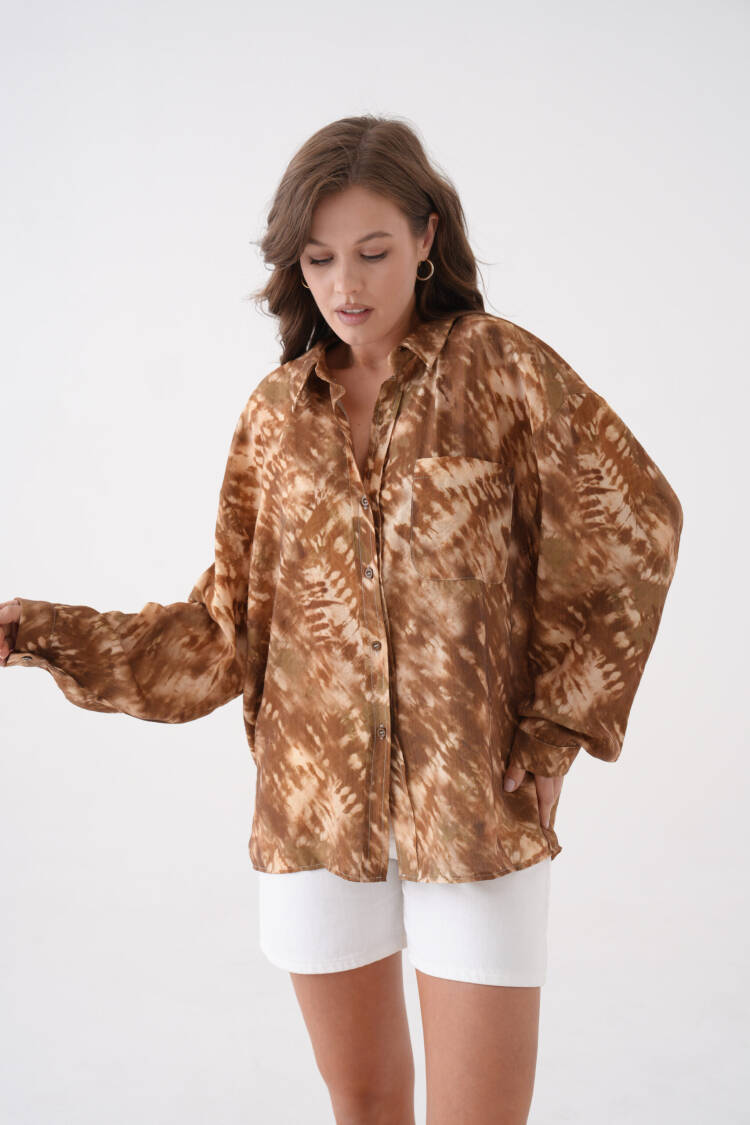 Coffee Tie Dye Pattern Modal Fabric Oversize Shirt 29188