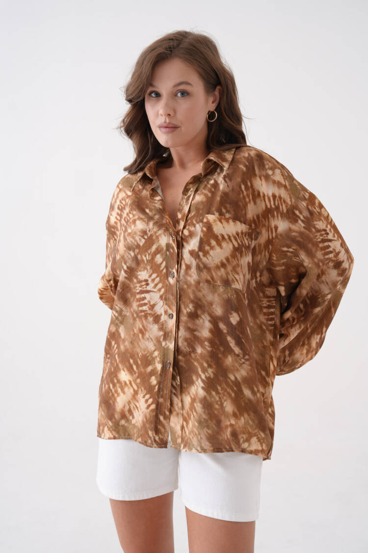 Coffee Tie Dye Pattern Modal Fabric Oversize Shirt 29188