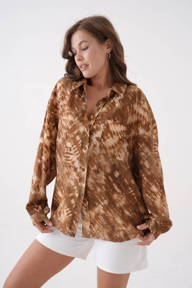 Coffee Tie Dye Pattern Modal Fabric Oversize Shirt 29188