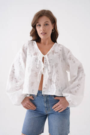 White Creamy Chiffon Patterned Organza Blouse 29101 - First Angels - Globality Store - Women Clothes Wholesale Turkey