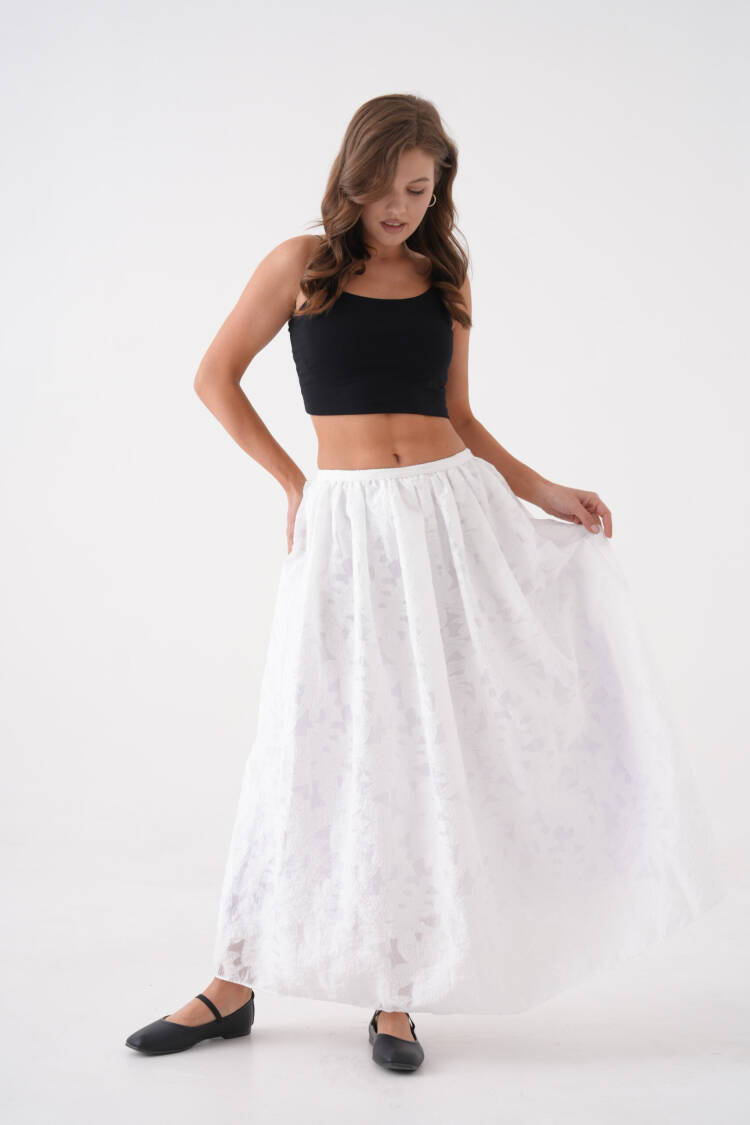 White Burning Chiffon Pattern Organza Lining Long Skirt 29096 - First Angels - Globality Store - Women Clothes Wholesale Turkey