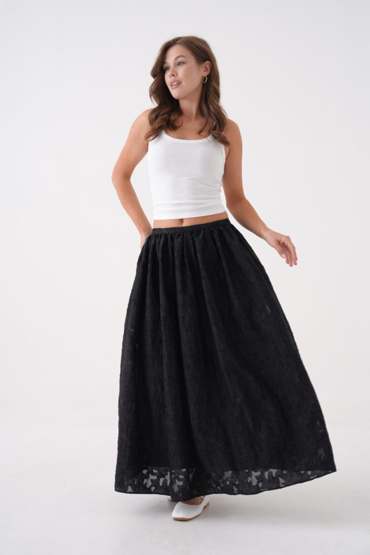 Black Burning Chiffon Pattern Organza Lining Long Skirt 29096 - First Angels - Globality Store - Women Clothes Wholesale Turkey