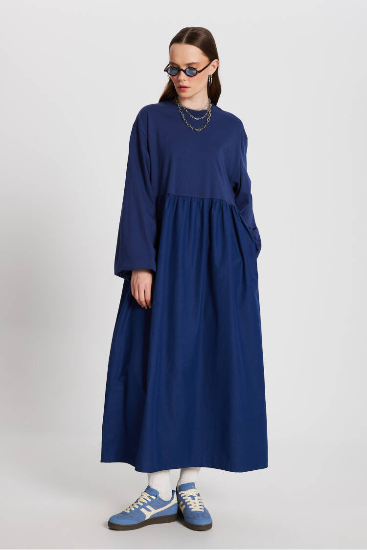 Indigo Top Combed Hem Knit Oversize Long Sleeve Long Dress 28169 - First Angels - Globality Store - Women Clothes Wholesale Turkey