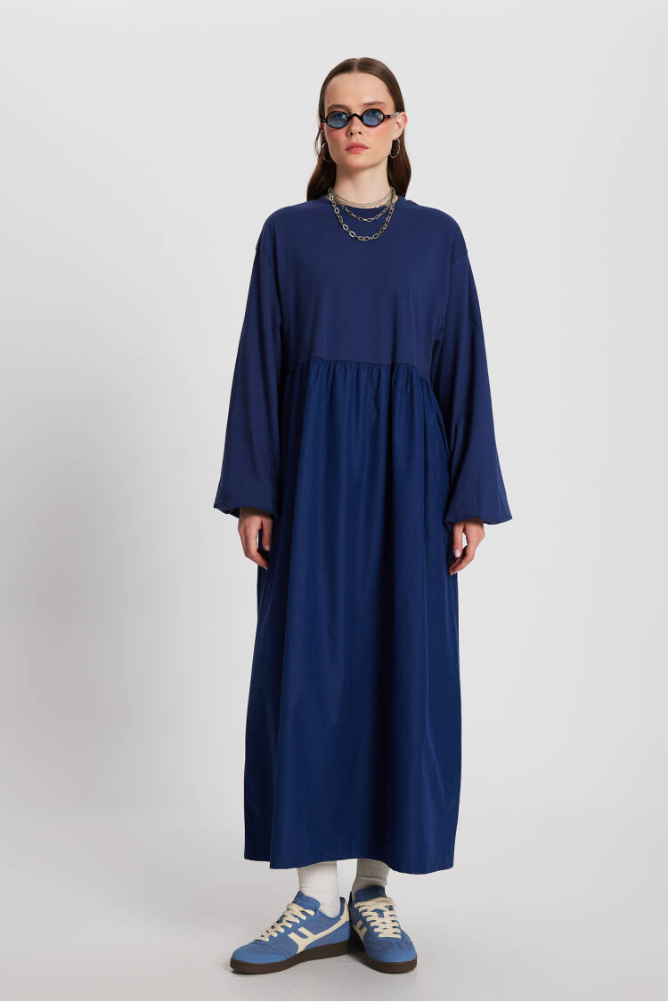Indigo Top Combed Hem Knit Oversize Long Sleeve Long Dress 28169