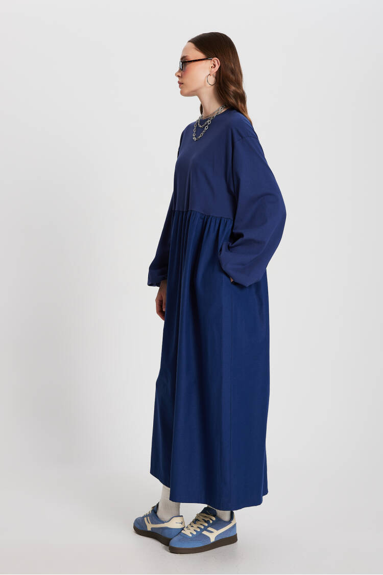 Indigo Top Combed Hem Knit Oversize Long Sleeve Long Dress 28169
