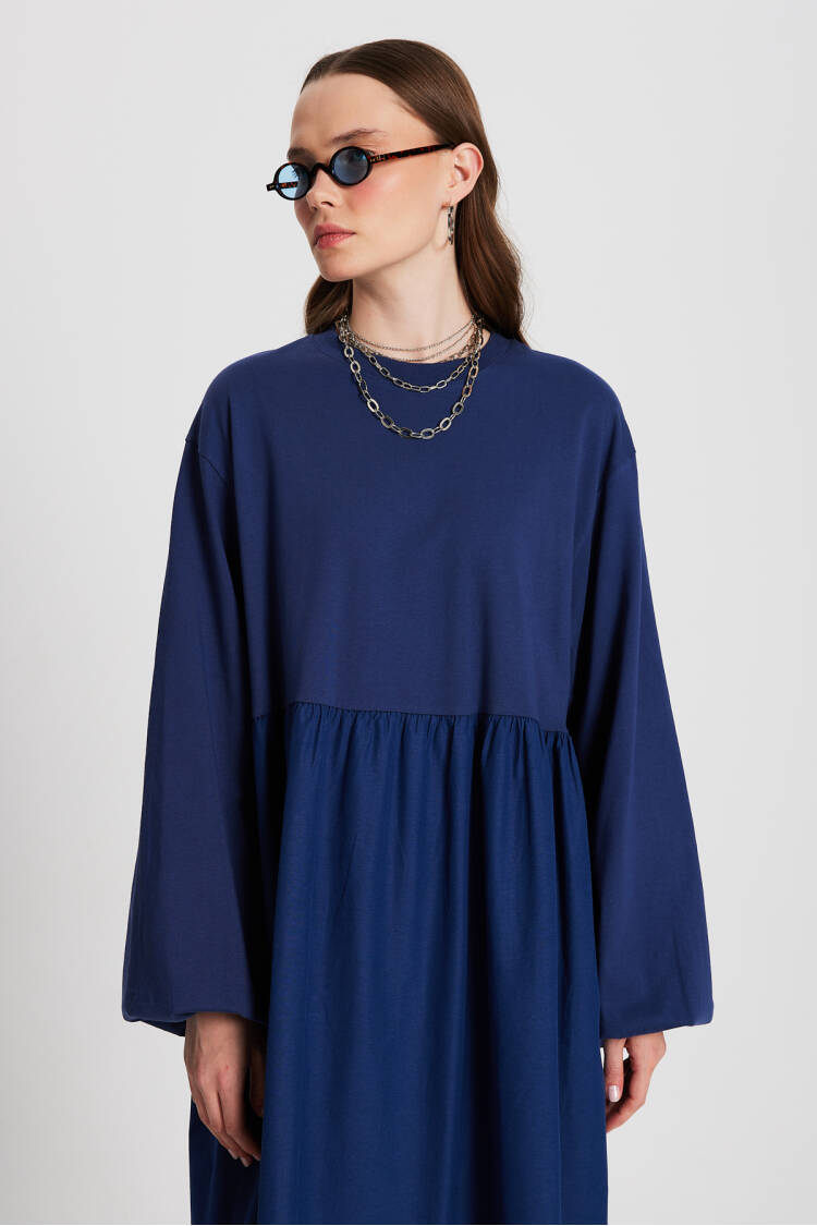 Indigo Top Combed Hem Knit Oversize Long Sleeve Long Dress 28169