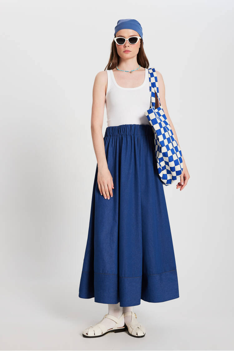 Navy Blue Stitching Detailed Long Denim Skirt 29167 - Brand: First Angels - Women's Clothing Wholesale - Globality Store