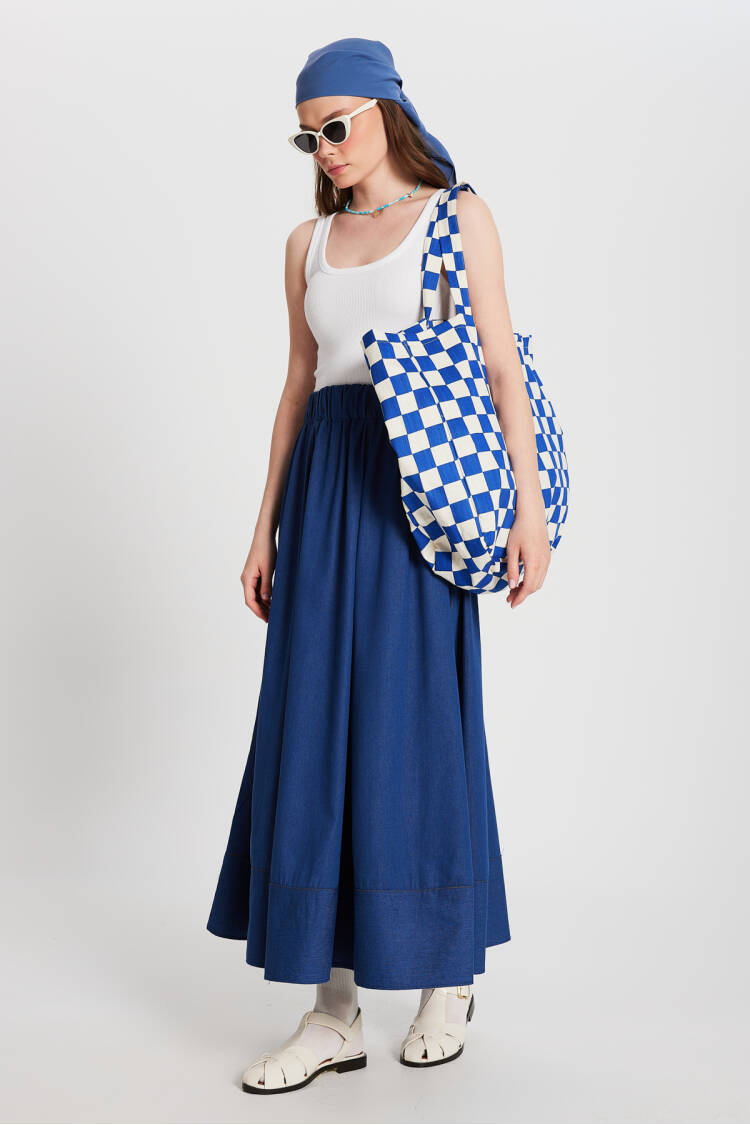 Navy Blue Stitching Detailed Long Denim Skirt 29167