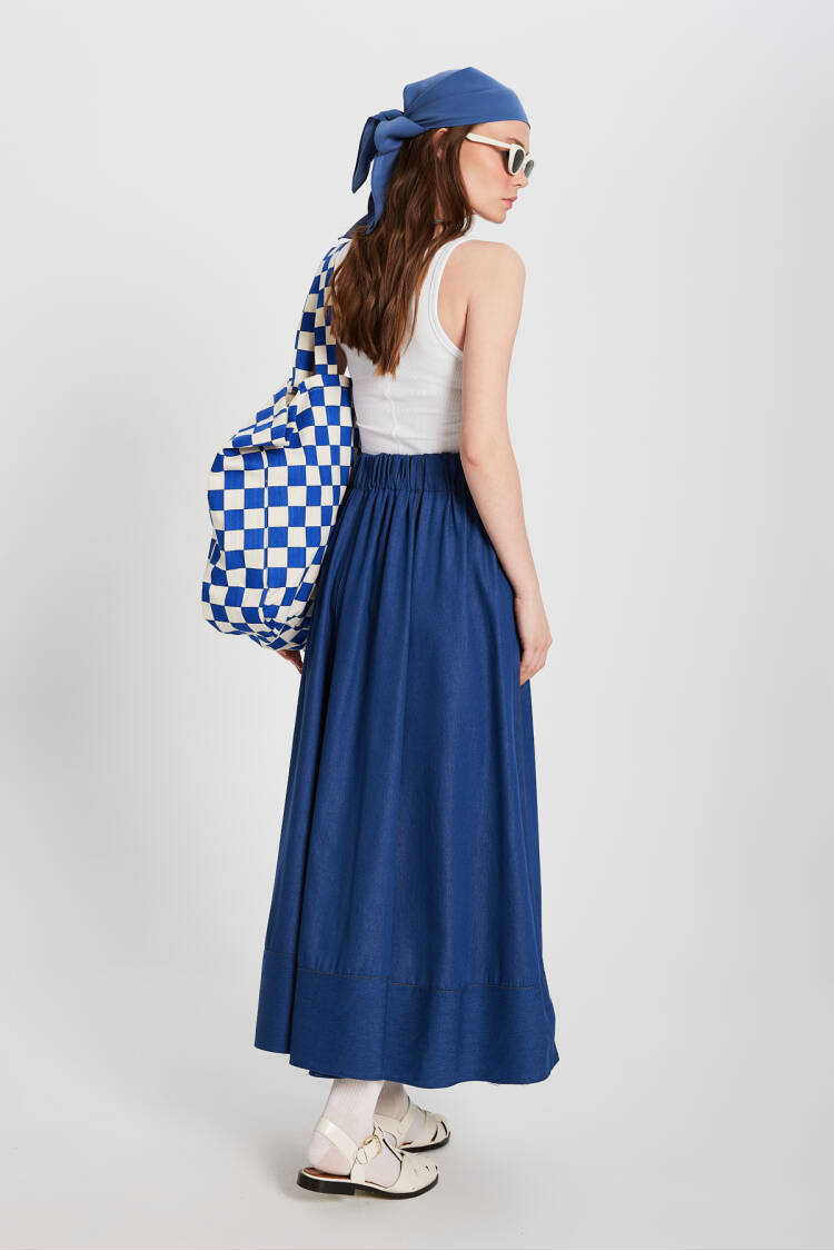 Navy Blue Stitching Detailed Long Denim Skirt 29167