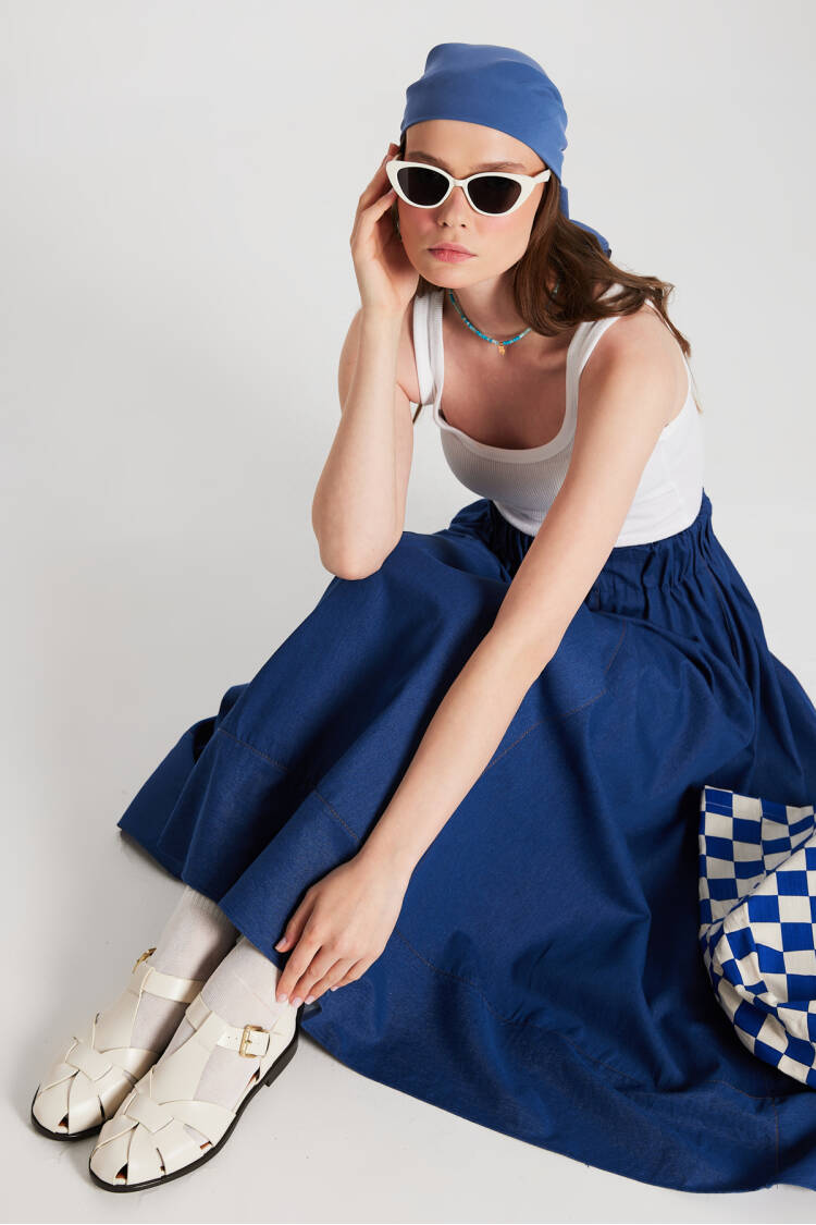 Navy Blue Stitching Detailed Long Denim Skirt 29167