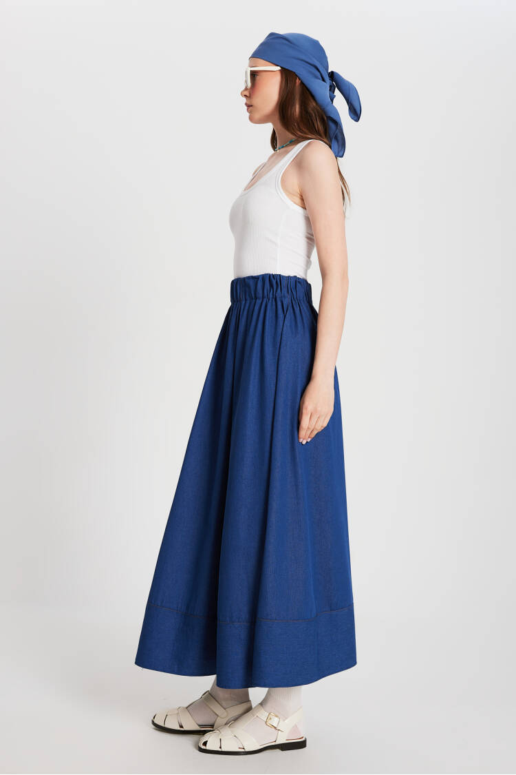 Navy Blue Stitching Detailed Long Denim Skirt 29167