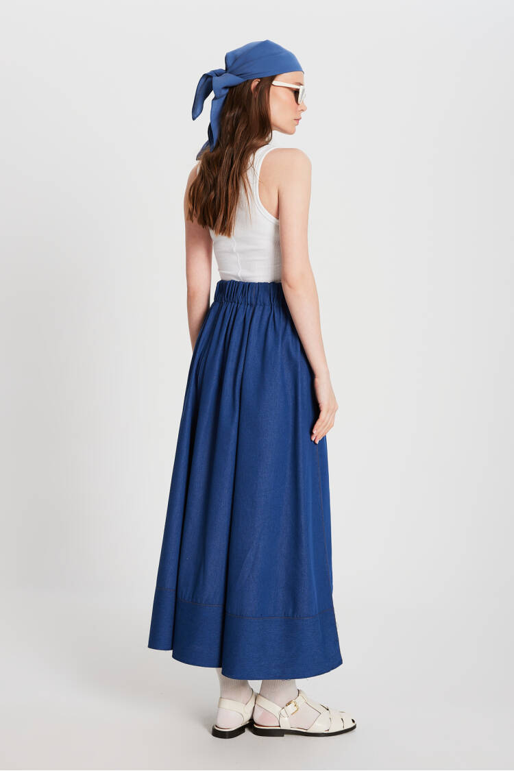 Navy Blue Stitching Detailed Long Denim Skirt 29167
