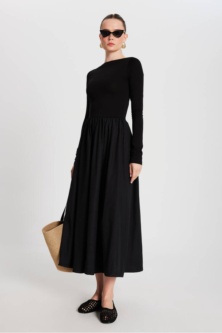 Black Knitted And Woven Garnished Dress 29155 - Brand: First Angels - Women's Clothing Wholesale - Globality Store