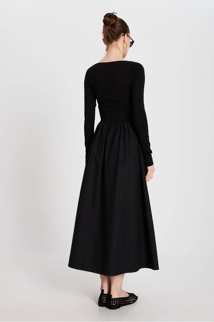 Black Knitted And Woven Garnished Dress 29155