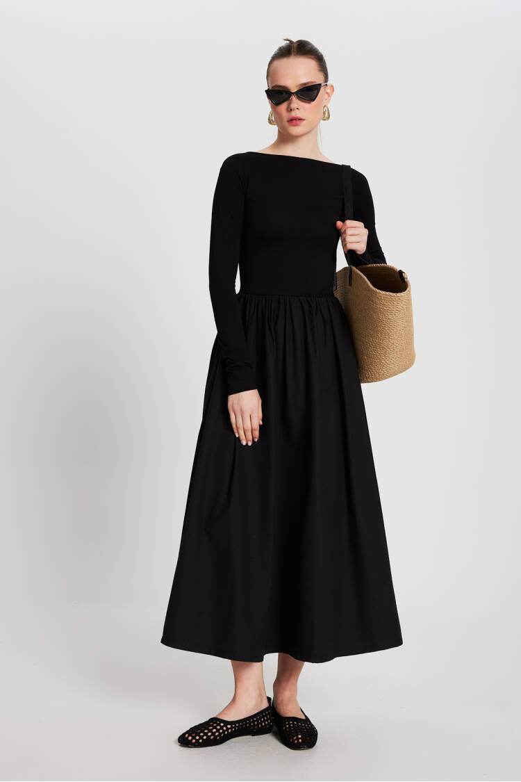 Black Knitted And Woven Garnished Dress 29155